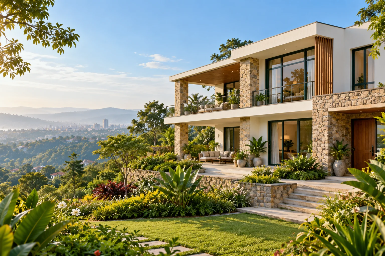 Architectural illustration of a contemporary home and garden overlooking green hills, inspired by Rwanda.